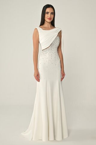 Şal Aksesuarlı Taşlı Krep Uzun Elbise Beyaz - 36