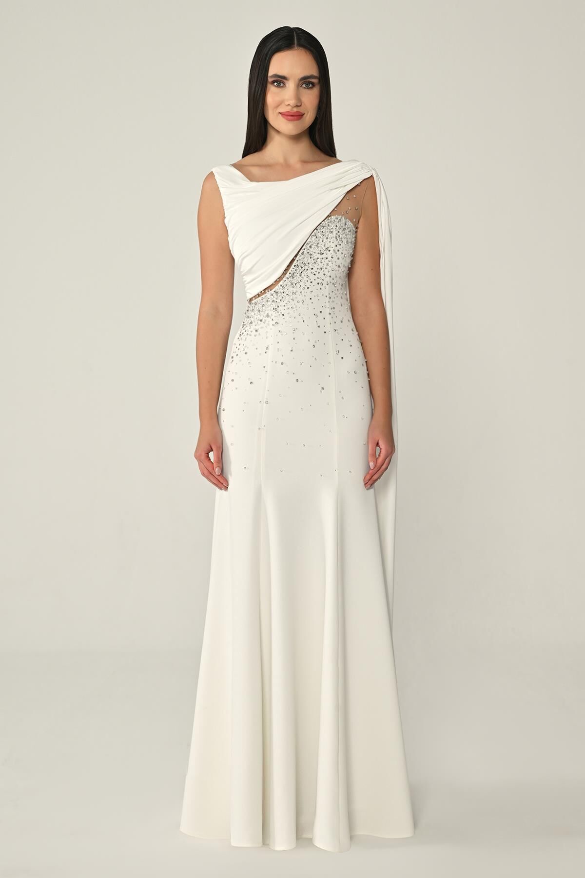 Şal Aksesuarlı Taşlı Krep Uzun Elbise Beyaz - 36