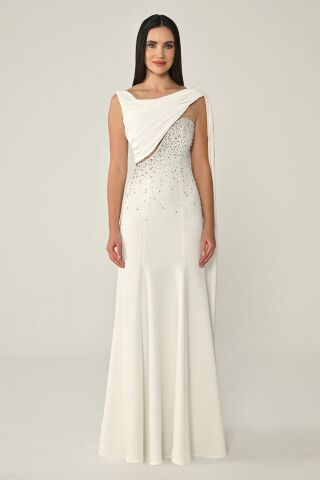 Şal Aksesuarlı Taşlı Krep Uzun Elbise Beyaz - 36