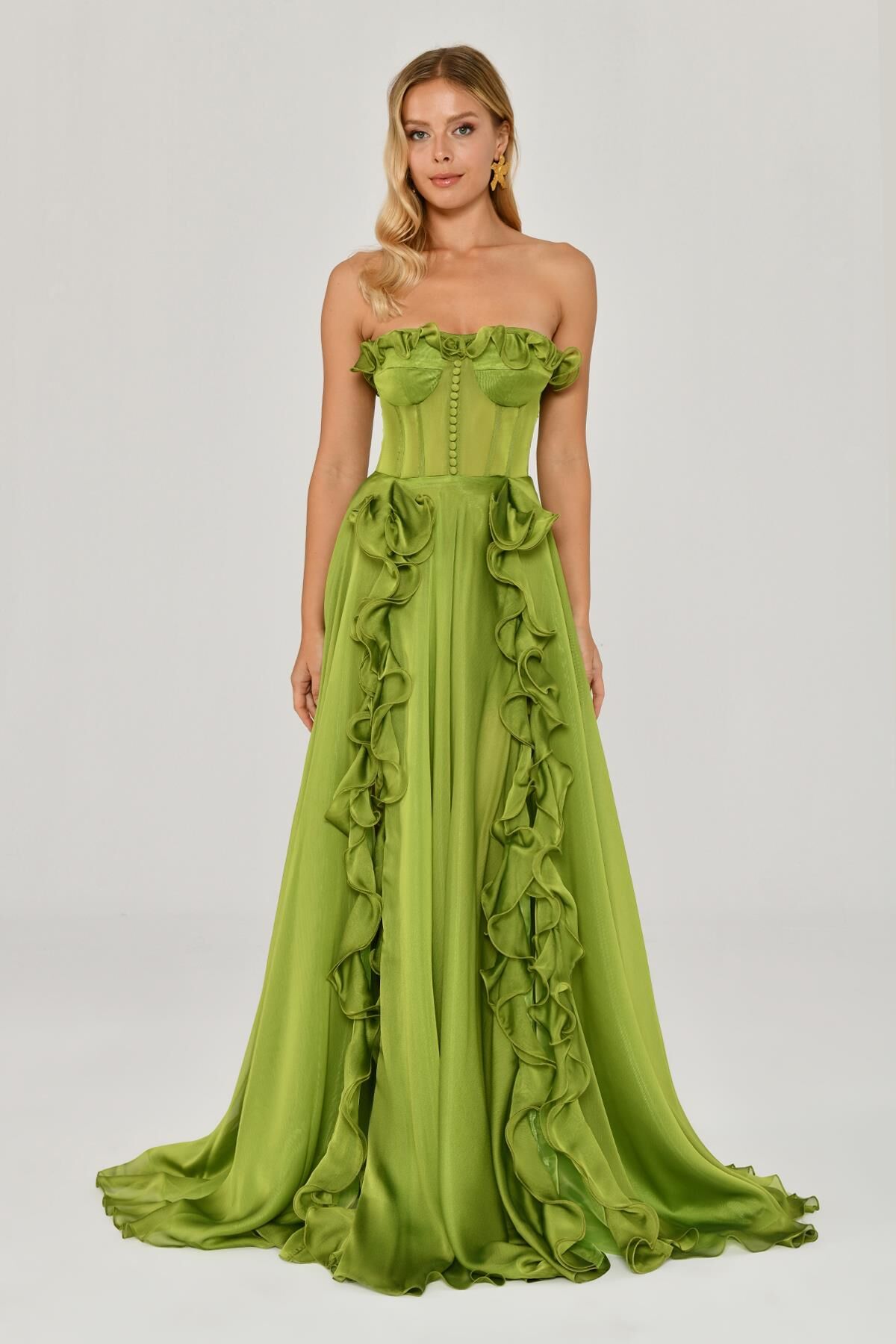 Strapless Ruffled Slit Chiffon Long Dress Green - 40