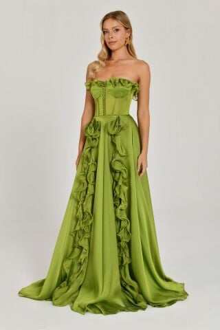 Strapless Ruffled Slit Chiffon Long Dress Green - 40