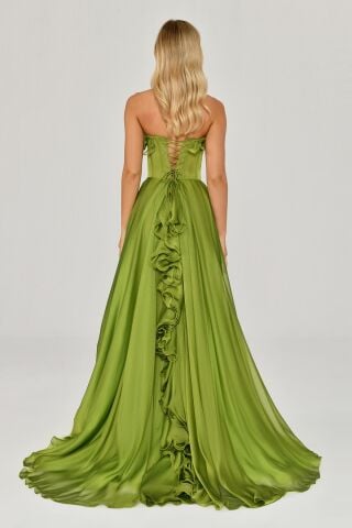 Strapless Ruffled Slit Chiffon Long Dress Green - 40