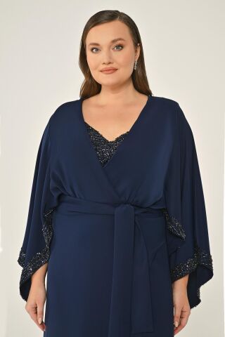 Uzun Şal Kollu Boncuklu Kumaş Aksesuarlı Uzun Elbise Lacivert - 48