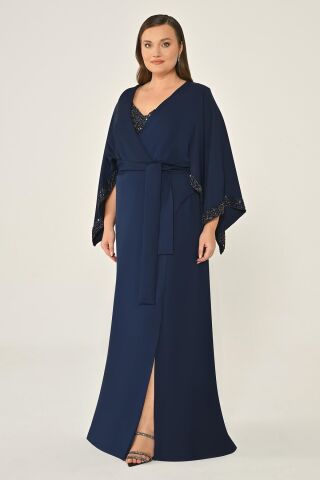 Uzun Şal Kollu Boncuklu Kumaş Aksesuarlı Uzun Elbise Lacivert - 48