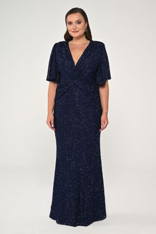 V Yaka Kısa Kollu Boncuklu Kumaş Uzun Elbise Lacivert - 44