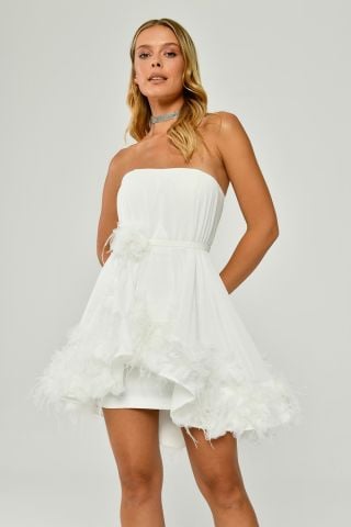 Straplez Eteği Tüylü Şifon Kısa Elbise Beyaz - 38