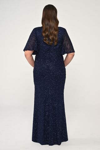 V Yaka Kısa Kollu Boncuklu Kumaş Uzun Elbise Lacivert - 46