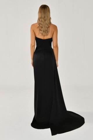 Kayık Yaka Yırtmaçlı Saten Elbise Siyah - 38