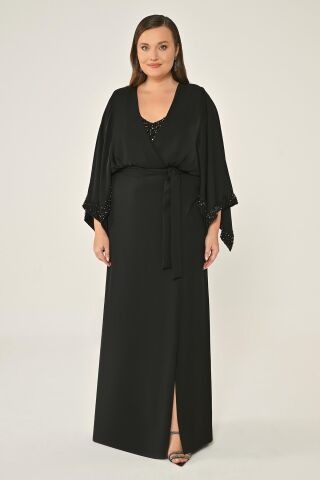 Uzun Şal Kollu Boncuklu Kumaş Aksesuarlı Uzun Elbise Siyah - 44