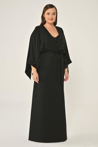 Uzun Şal Kollu Boncuklu Kumaş Aksesuarlı Uzun Elbise Siyah - 46