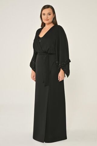 Uzun Şal Kollu Boncuklu Kumaş Aksesuarlı Uzun Elbise Siyah - 46