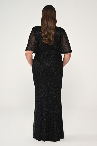 V Yaka Kısa Kollu Boncuklu Kumaş Uzun Elbise Siyah - 42