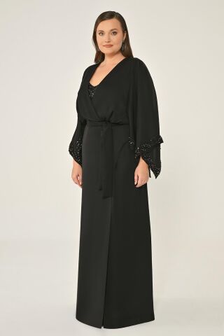 Uzun Şal Kollu Boncuklu Kumaş Aksesuarlı Uzun Elbise Siyah - 48