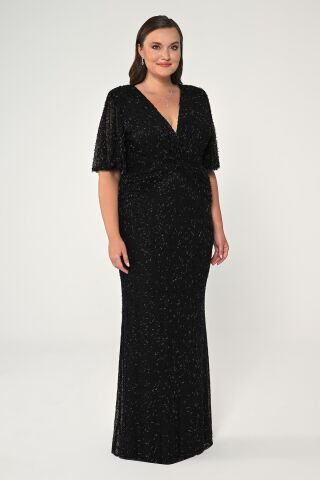 V Yaka Kısa Kollu Boncuklu Kumaş Uzun Elbise Siyah - 44