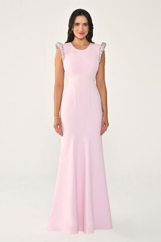 Omuzları Vatkalı Taşlı Balık Kesim Krep Uzun Elbise