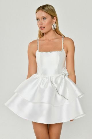 Askılı Şerit Aksesuarlı Katlı Etek Parlak Kumaş Kısa Elbise 40