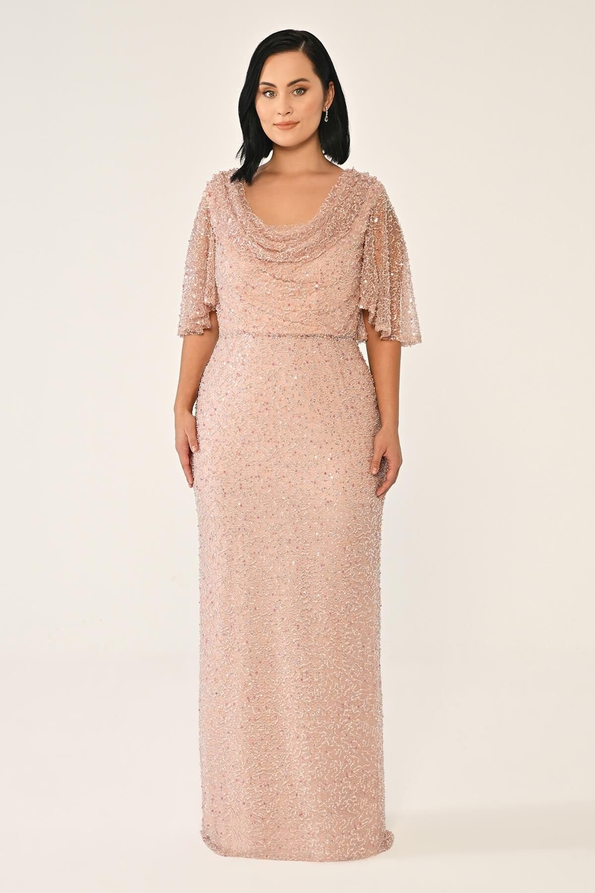 Degaje Yaka Şal Kısa Kol Payet Uzun Elbise Pudra - 48