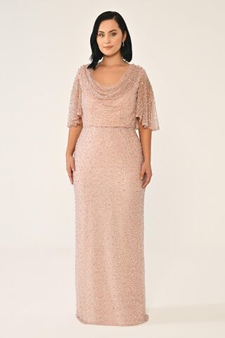 Degaje Yaka Şal Kısa Kol Payet Uzun Elbise Pudra - 48