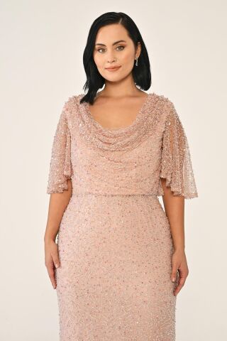 Degaje Yaka Şal Kısa Kol Payet Uzun Elbise Pudra - 48