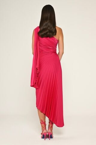 Tek Omuz Beli Pencere Detaylı Pliseli Saten Asimetrik Kesim Midi Elbise KOYU FUŞYA - 40