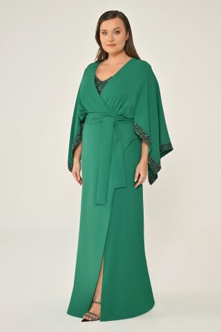 Uzun Şal Kollu Boncuklu Kumaş Aksesuarlı Uzun Elbise ZÜMRÜT - 44