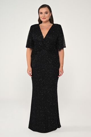 V Yaka Kısa Kollu Boncuklu Kumaş Uzun Elbise Siyah - 48