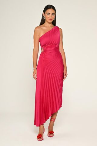 Tek Omuz Beli Pencere Detaylı Pliseli Saten Asimetrik Kesim Midi Elbise KOYU FUŞYA - 42