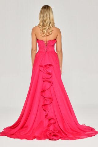 Straplez Fırfırlı Çift Yırtmaçlı Şifon Uzun Elbise AÇIK FUŞYA - 40