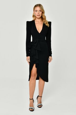 Uzun Kol Derin V Yaka Vatkalı Yandan Bağlamalı Krep Midi Elbise Siyah - 42