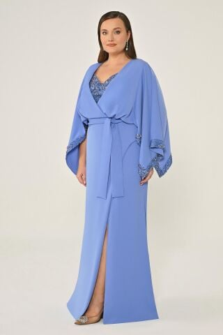 Uzun Şal Kollu Boncuklu Kumaş Aksesuarlı Uzun Elbise İNDİGO - 42