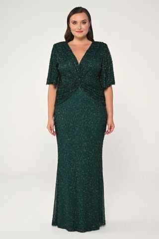 V Yaka Kısa Kollu Boncuklu Kumaş Uzun Elbise ZÜMRÜT - 46