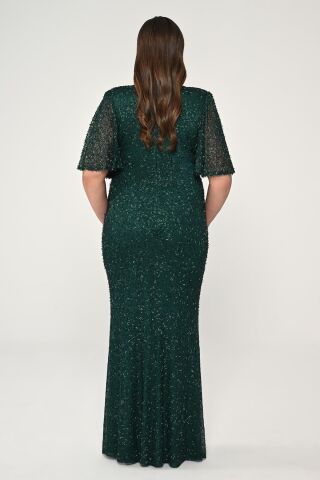 V Yaka Kısa Kollu Boncuklu Kumaş Uzun Elbise ZÜMRÜT - 46
