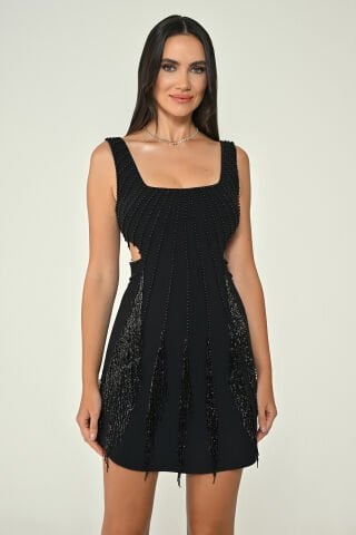 Askılı Taşlı Saçaklı Krep Kısa Elbise