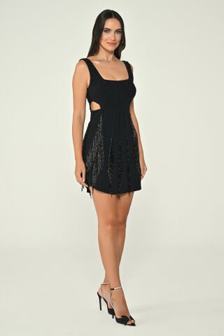 Askılı Taşlı Saçaklı Krep Kısa Elbise