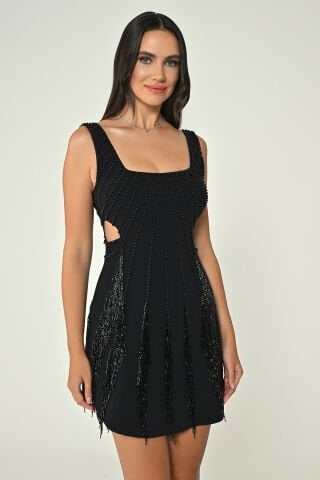 Askılı Taşlı Saçaklı Krep Kısa Elbise