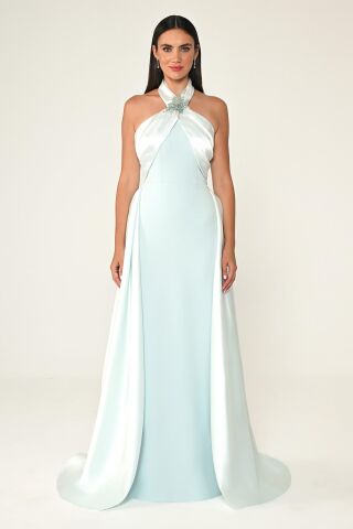 Boyundan Geçmeli Çiçek Aksesuarlı Uzun Elbise AÇIK MAVİ - 38