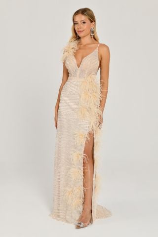 İp Askılı Sırt İp Askılı V Yaka Otriş Akesuarlı Pullu Kumaş Uzun Elbise EKRU - 42