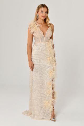 İp Askılı Sırt İp Askılı V Yaka Otriş Akesuarlı Pullu Kumaş Uzun Elbise EKRU - 42