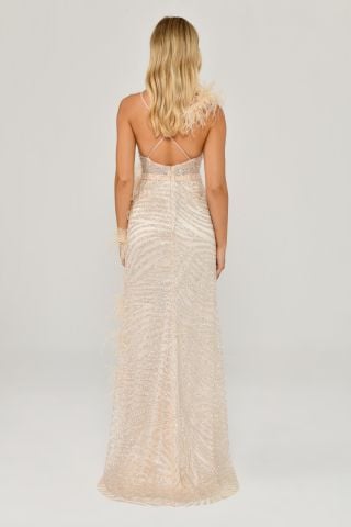 İp Askılı Sırt İp Askılı V Yaka Otriş Akesuarlı Pullu Kumaş Uzun Elbise EKRU - 42