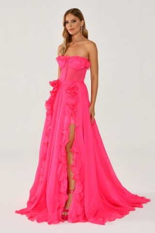 Straplez Fırfırlı Çift Yırtmaçlı Şifon Uzun Elbise NEON PEMBE - 40