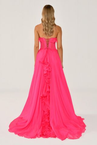 Straplez Fırfırlı Çift Yırtmaçlı Şifon Uzun Elbise NEON PEMBE - 40