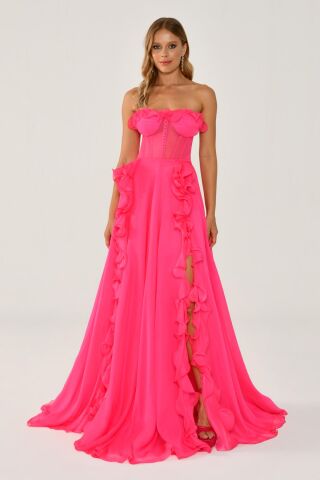Straplez Fırfırlı Çift Yırtmaçlı Şifon Uzun Elbise NEON PEMBE - 40