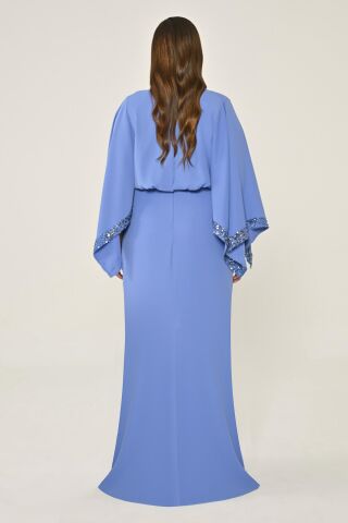 Uzun Şal Kollu Boncuklu Kumaş Aksesuarlı Uzun Elbise İNDİGO - 44