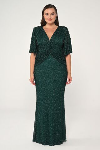 V Yaka Kısa Kollu Boncuklu Kumaş Uzun Elbise ZÜMRÜT - 48