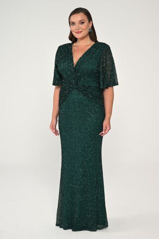 V Yaka Kısa Kollu Boncuklu Kumaş Uzun Elbise ZÜMRÜT - 48