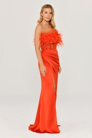 Straplez Otrişli Korse Transparan Bel Saten Uzun Elbise