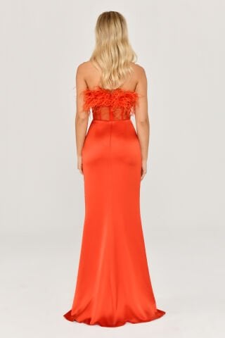 Straplez Otrişli Korse Transparan Bel Saten Uzun Elbise