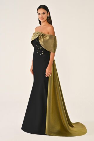 Düşük Omuz Üst Aksesuarlı Kuyruklu Krep Elbise SİYAH / OLİVE - 46