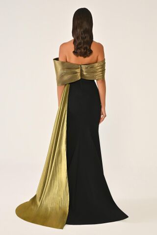 Düşük Omuz Üst Aksesuarlı Kuyruklu Krep Elbise SİYAH / OLİVE - 46