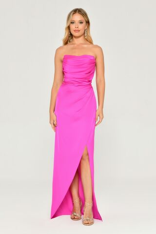 Strapless Satin Long Dress Fuchsia - 42
